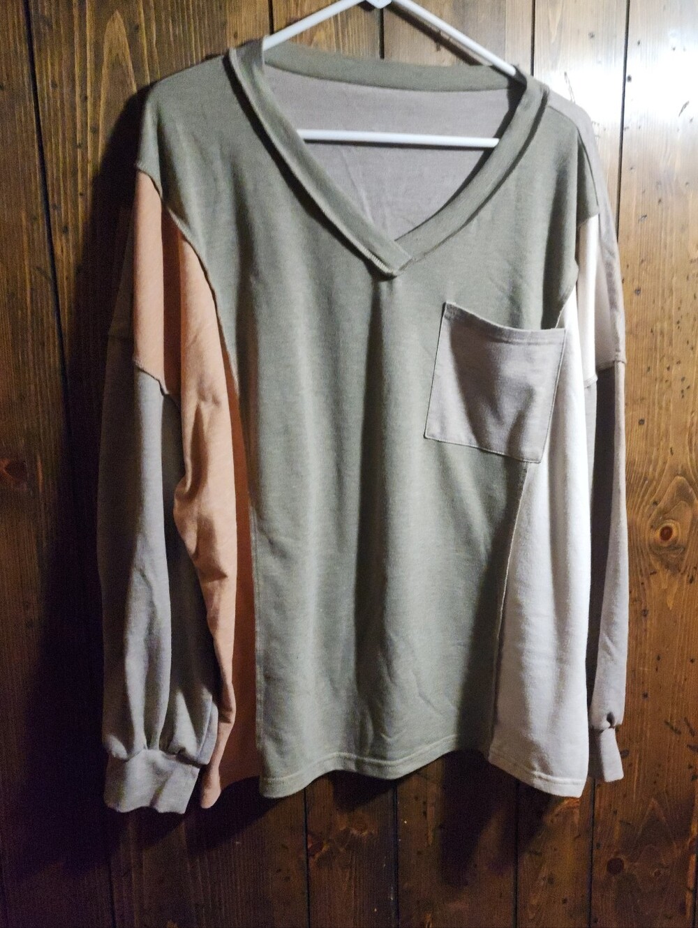 Colorblock V-Neck Sweater in Olive, Tan & Cream Unisex